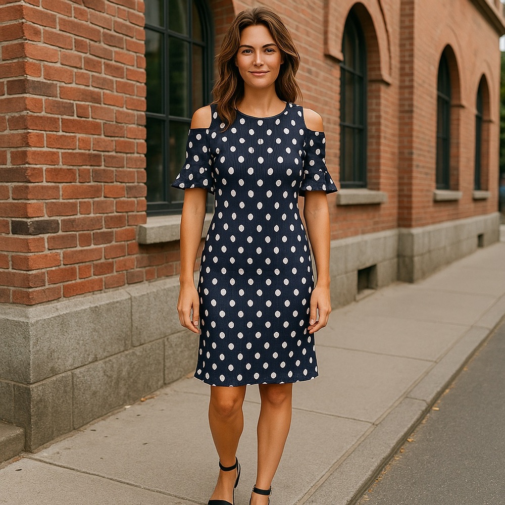Shelby & Palmer Navy Blue Polka Dot Cold-Shoulder Midi Dress